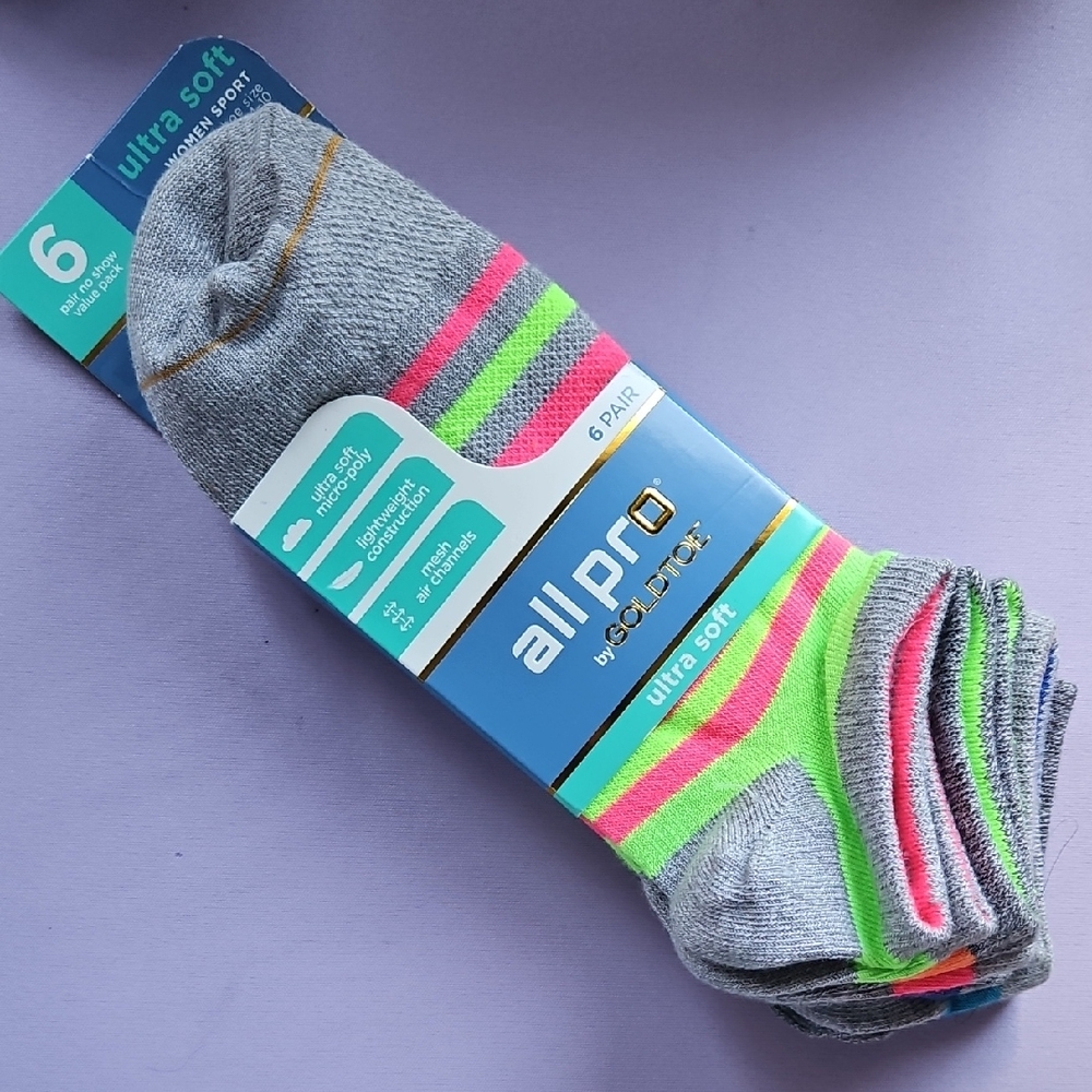 6 PK Gold Toe Ultra Soft Athletic Socks - Gray with Neon Stripes